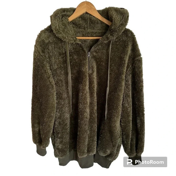 Teddy Bear Furry Long Sleeve Zip Up Sweater Hoodie with Ties Size Large - Picture 1 of 7